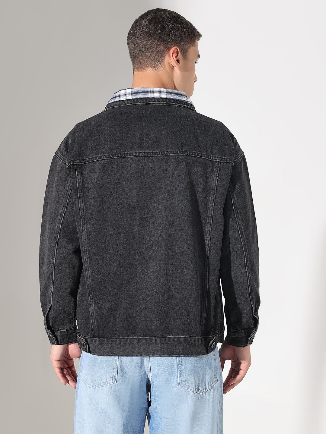 Men's Black Denim Oversized Jacket with Contrast Collar