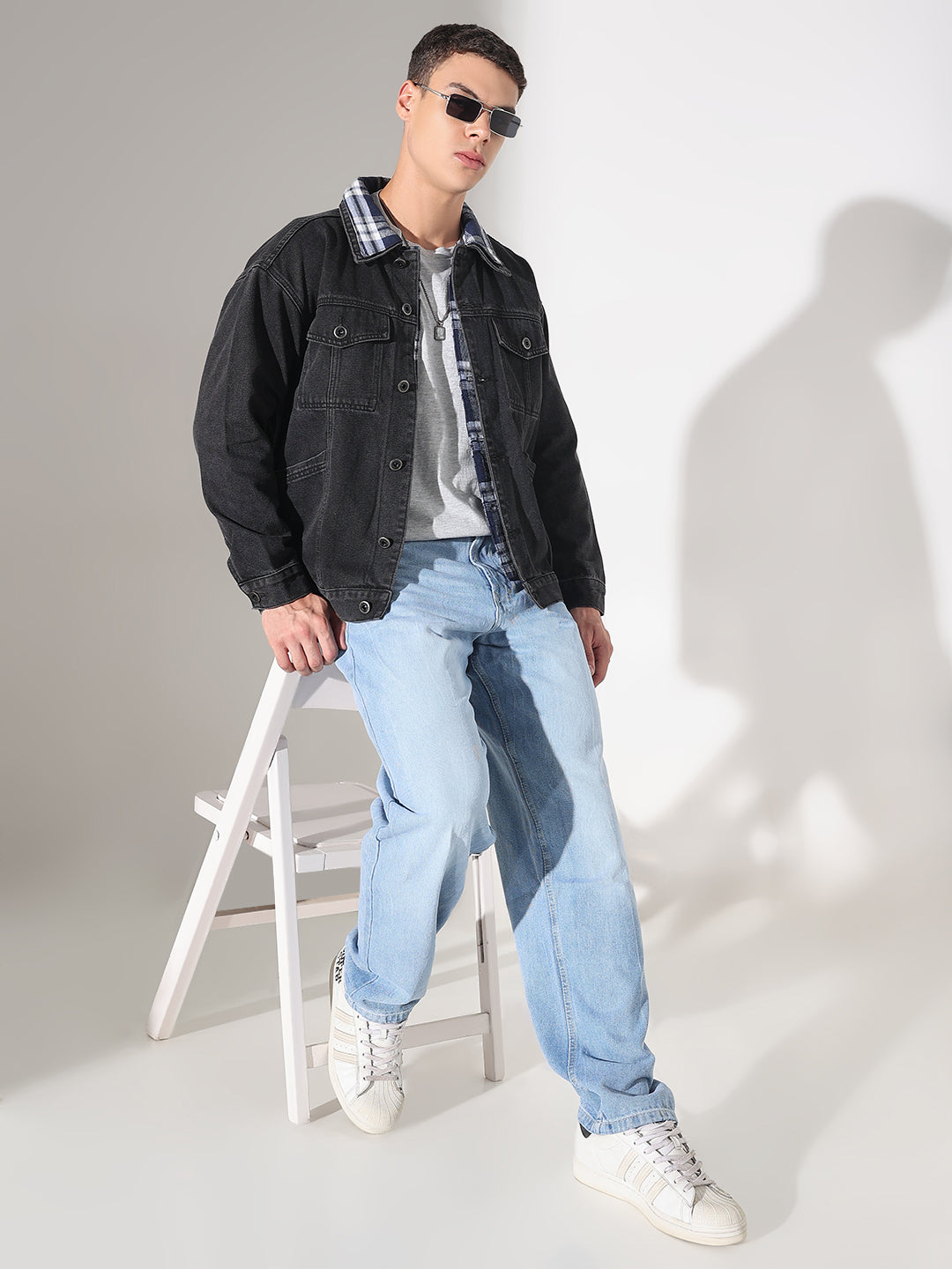 Men's Black Denim Oversized Jacket with Contrast Collar