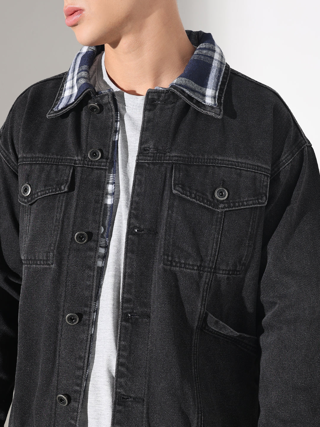Men's Black Denim Oversized Jacket with Contrast Collar