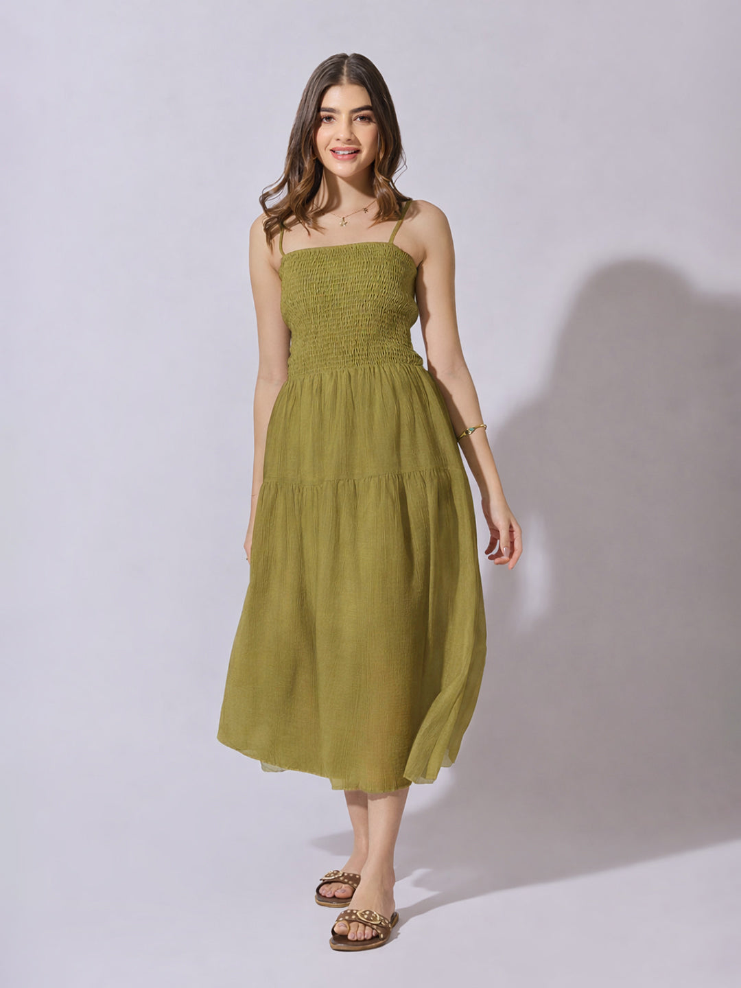 Women's Smocked Olive Tiered Midi Dress