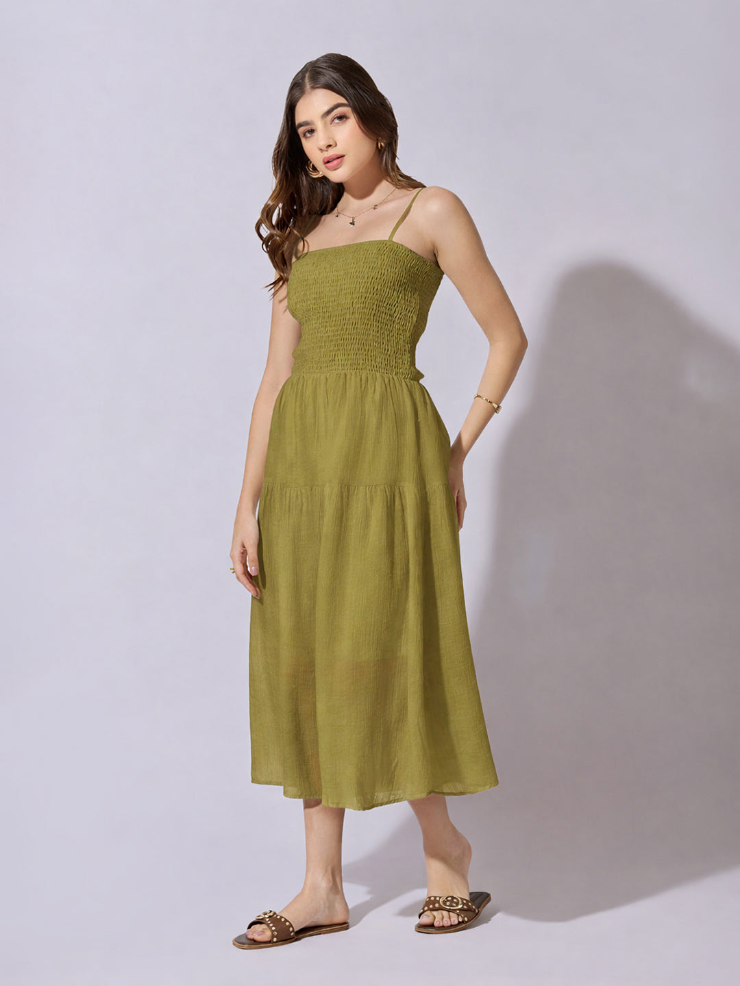 Women's Smocked Olive Tiered Midi Dress