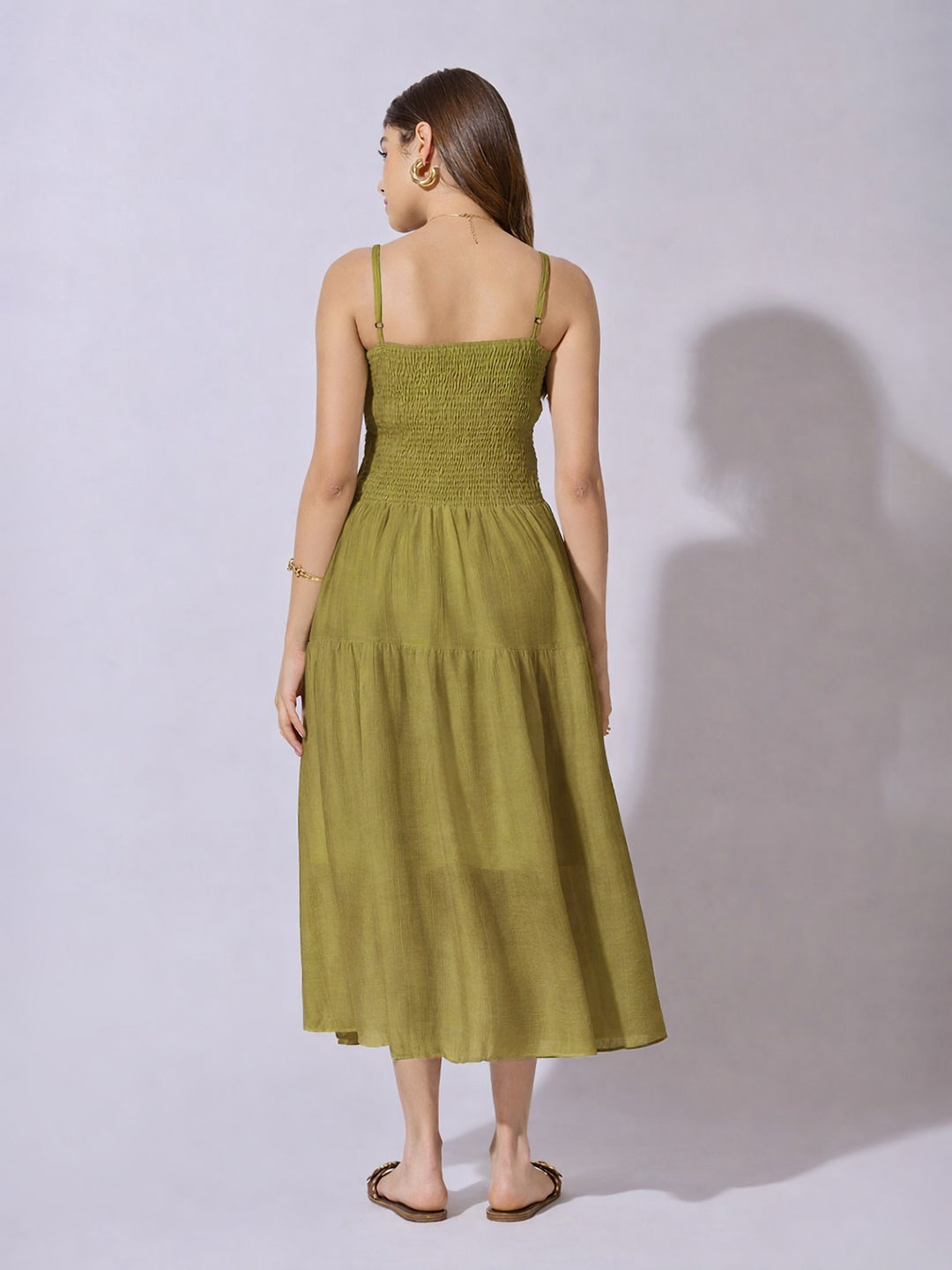 Women's Smocked Olive Tiered Midi Dress