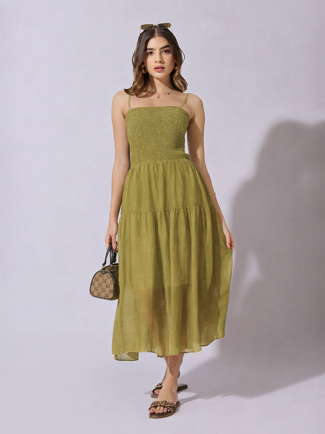 Women's Smocked Olive Tiered Midi Dress