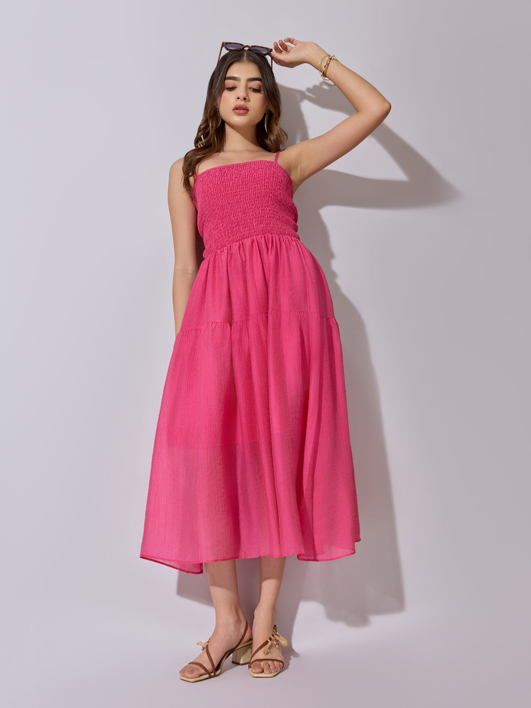 Women's Smocked Pink Tiered Midi Dress