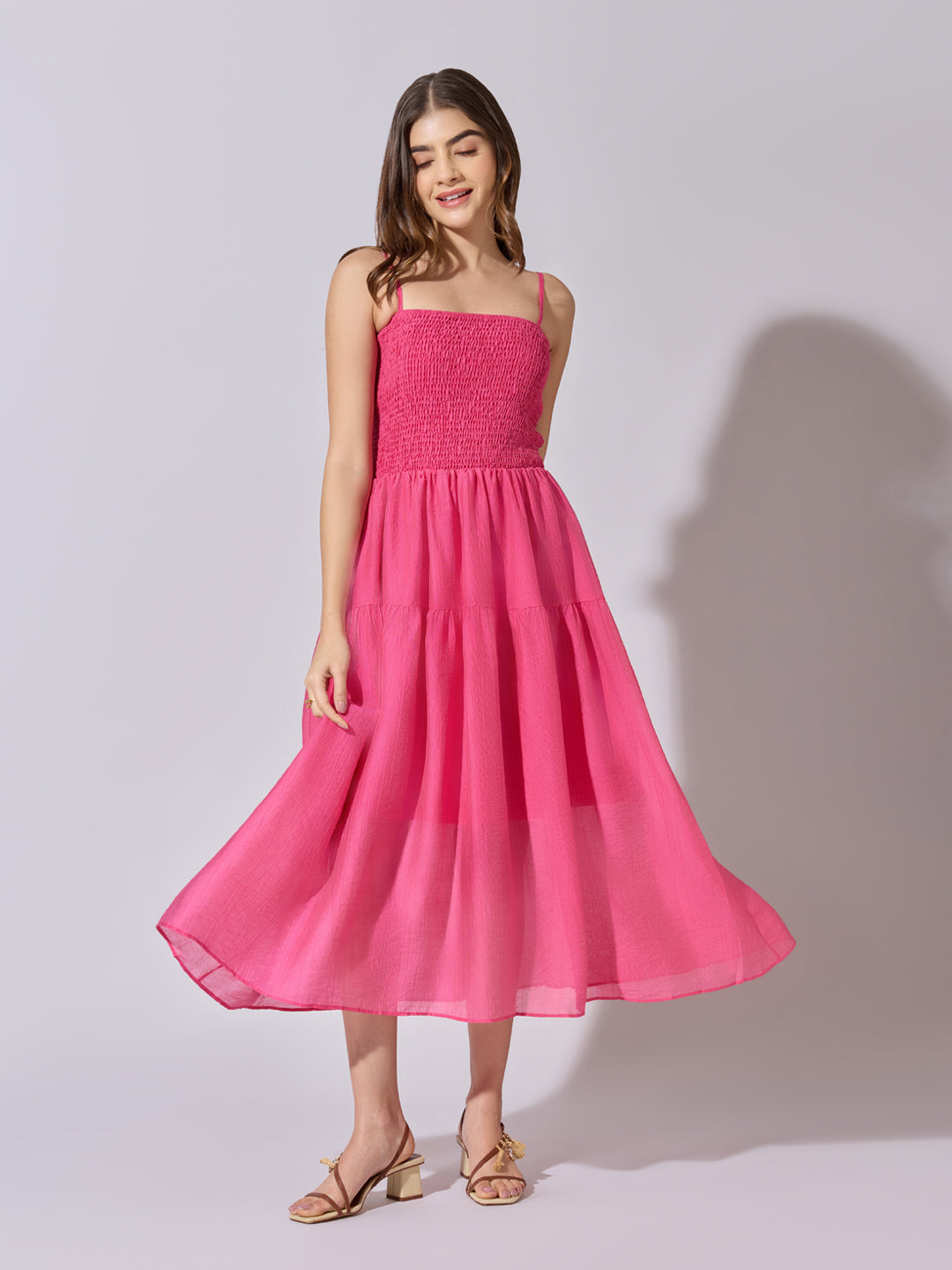 Women's Smocked Pink Tiered Midi Dress
