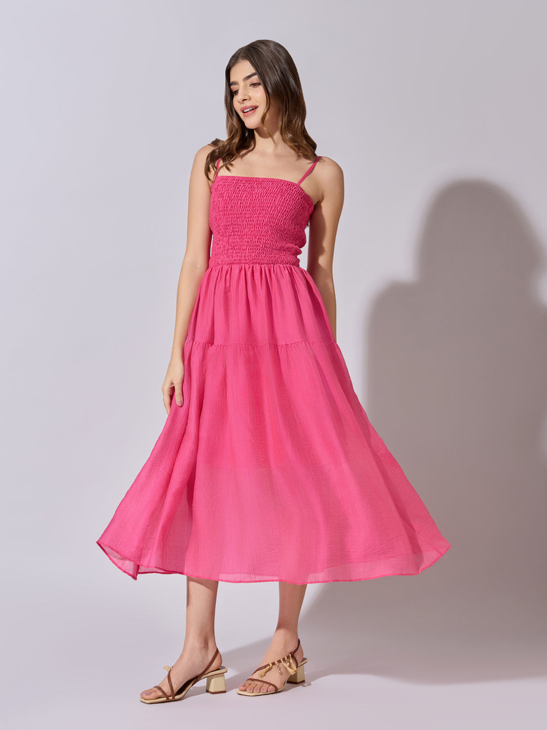 Women's Smocked Pink Tiered Midi Dress