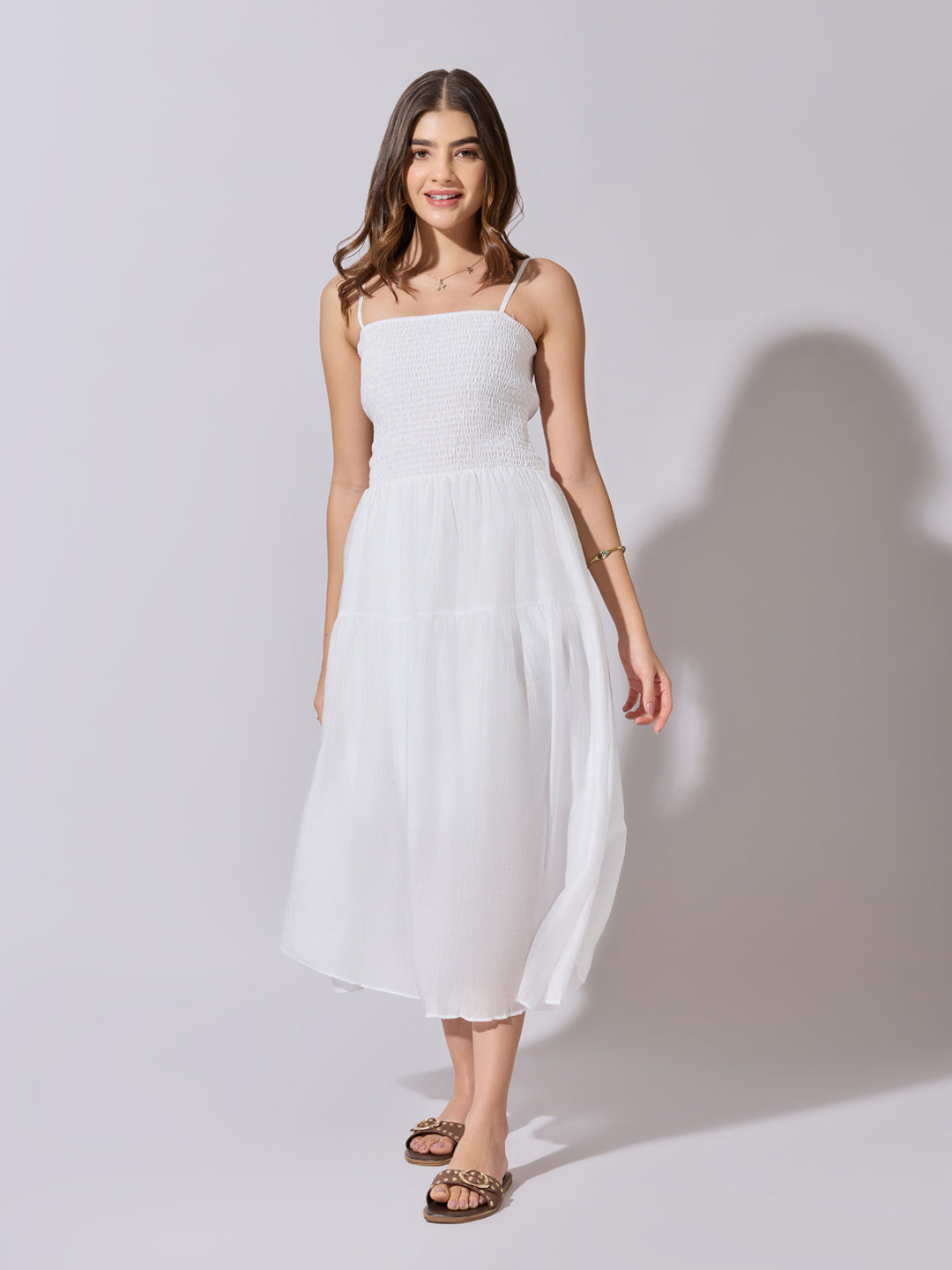 Women's Smocked White Tiered Midi Dress