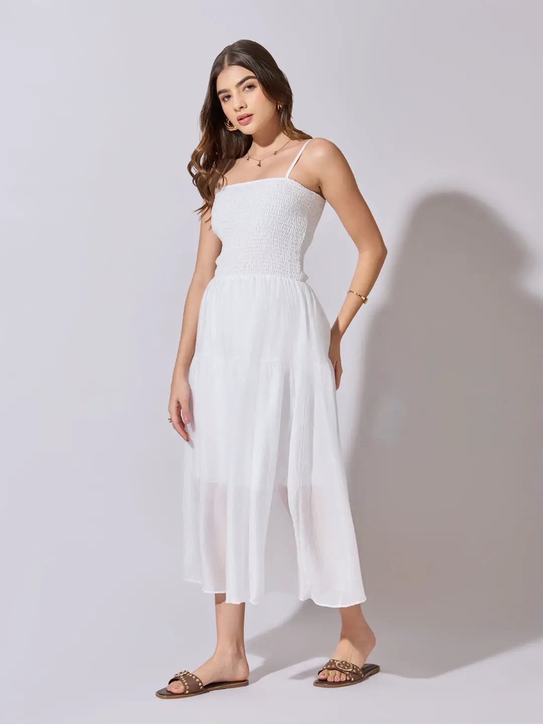 Women's Smocked White Tiered Midi Dress
