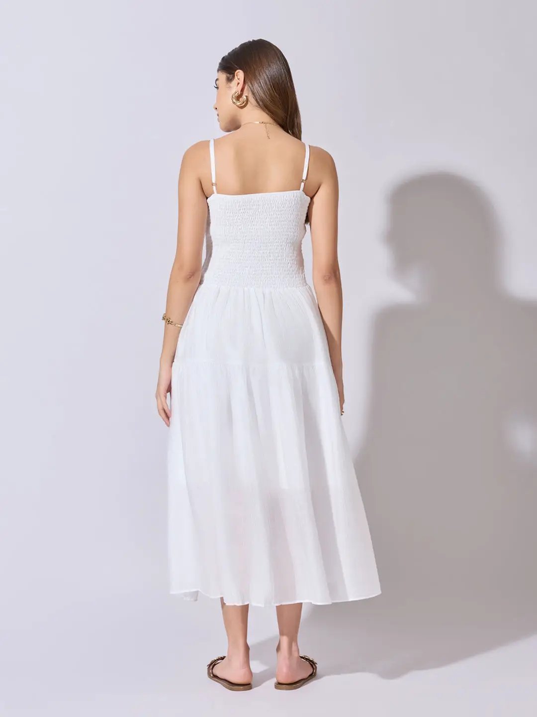 Women's Smocked White Tiered Midi Dress