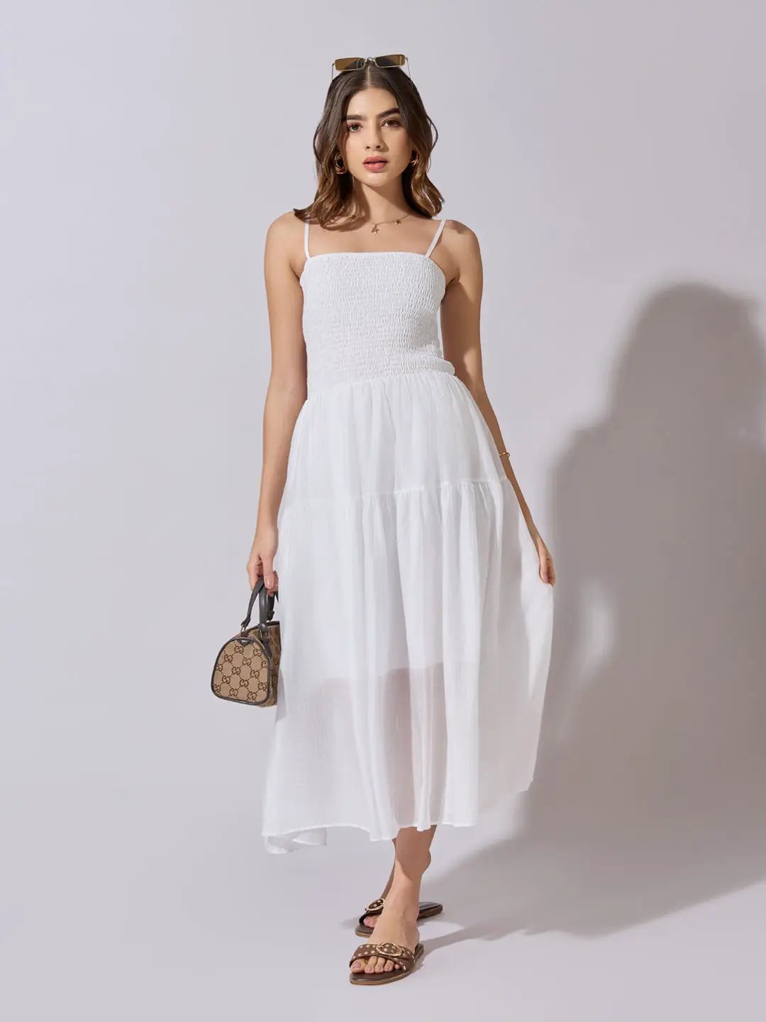 Women's Smocked White Tiered Midi Dress