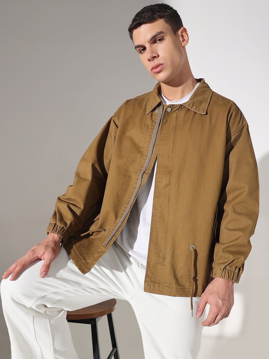 Men's Solid Khaki Denim Zip-Up Jacket