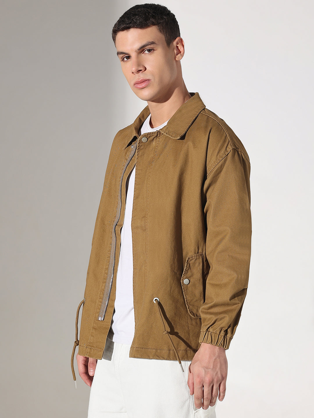 Men's Solid Khaki Denim Zip-Up Jacket
