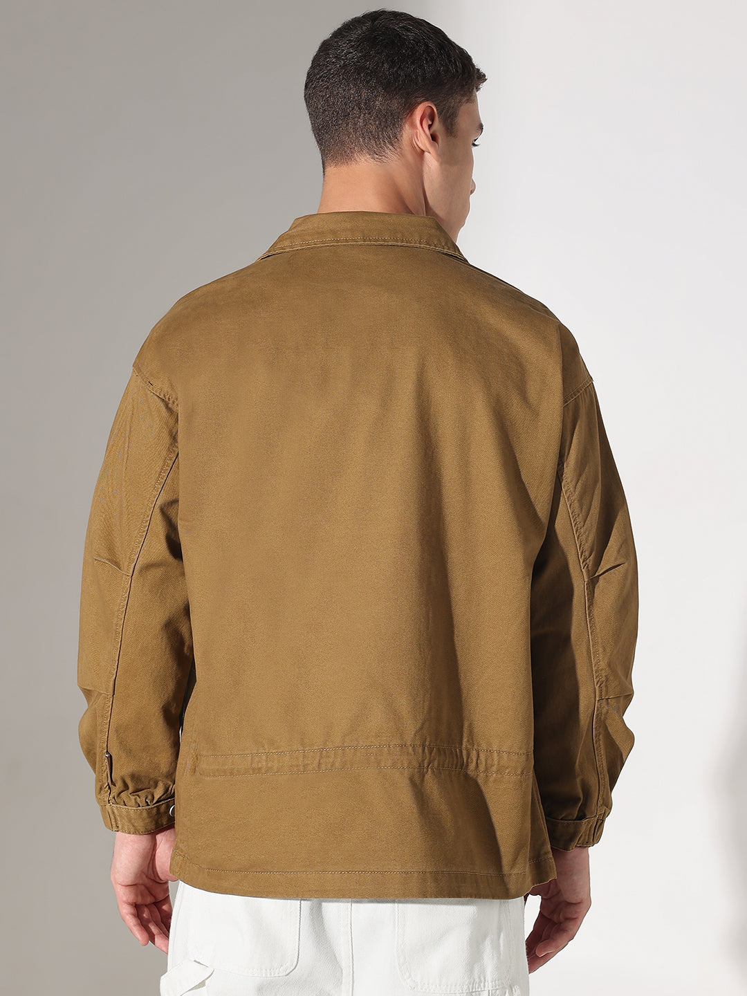 Men's Solid Khaki Denim Zip-Up Jacket