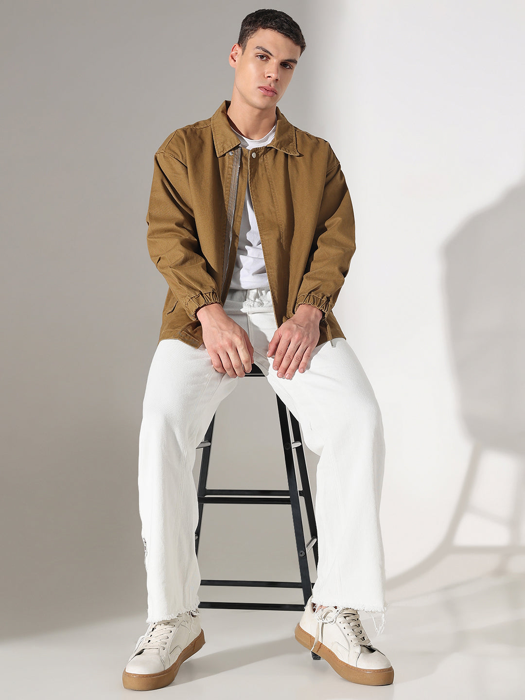 Men's Solid Khaki Denim Zip-Up Jacket