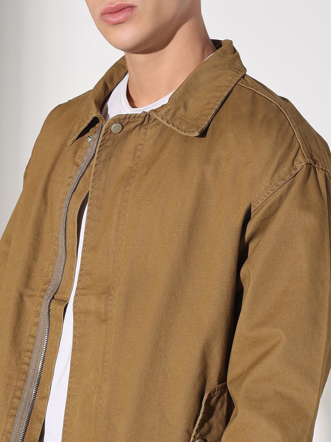 Men's Solid Khaki Denim Zip-Up Jacket