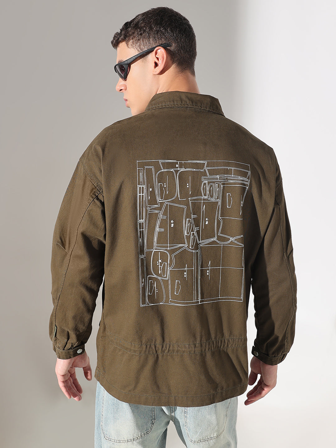 Men's Graphic Print Olive Denim Zip-Up Jacket