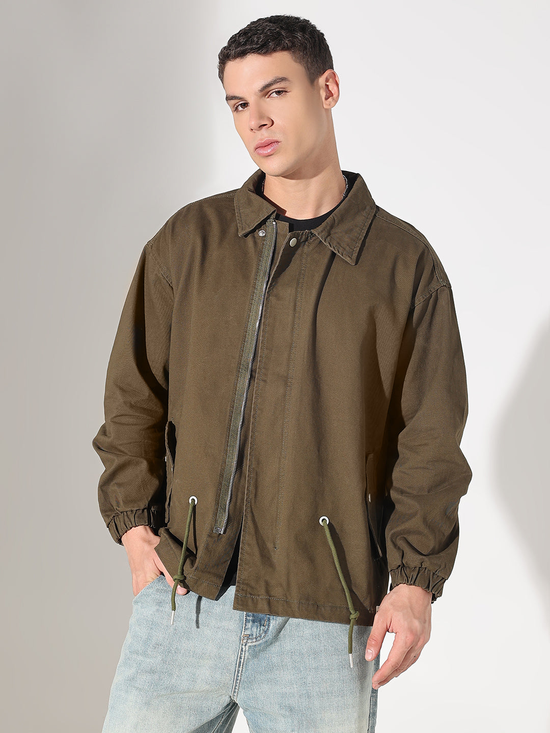 Men's Graphic Print Olive Denim Zip-Up Jacket