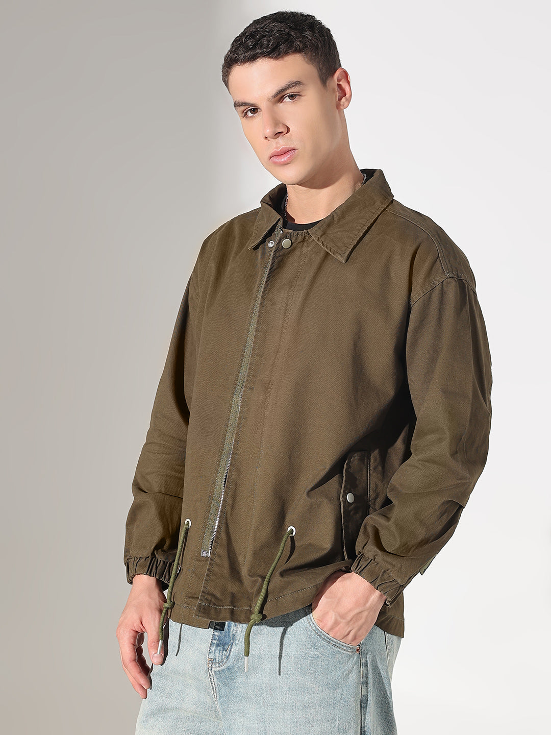 Men's Graphic Print Olive Denim Zip-Up Jacket