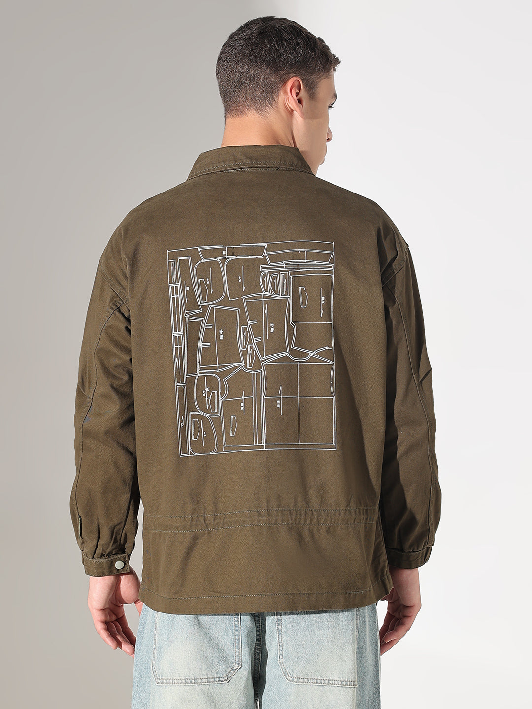 Men's Graphic Print Olive Denim Zip-Up Jacket
