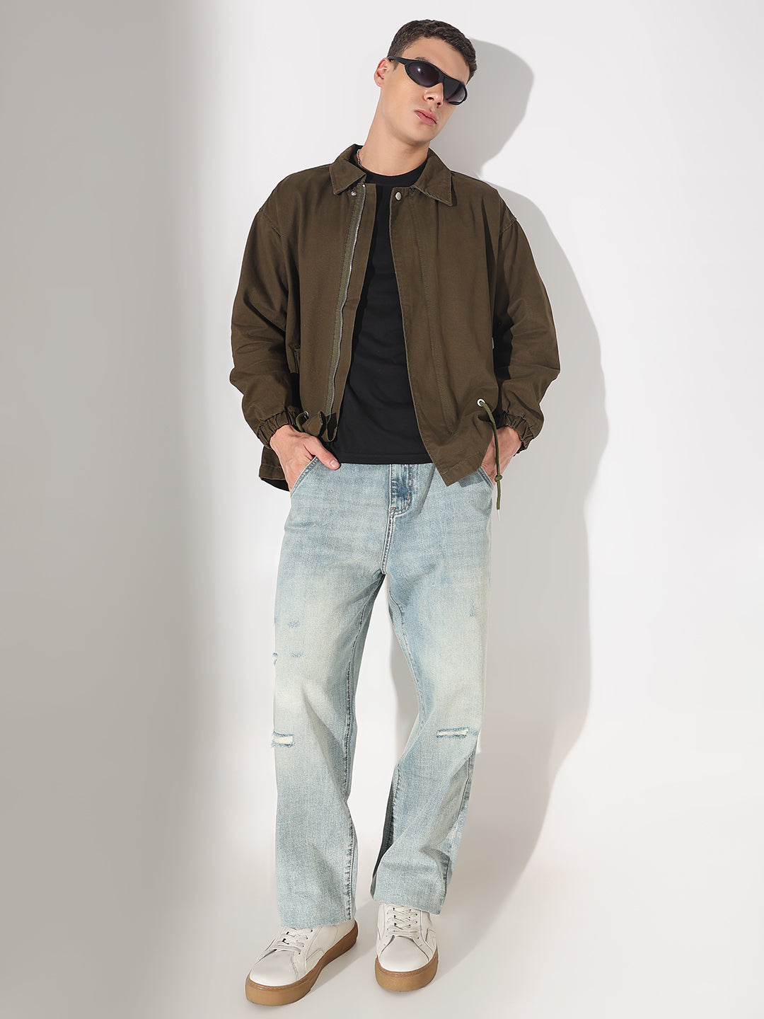 Men's Graphic Print Olive Denim Zip-Up Jacket