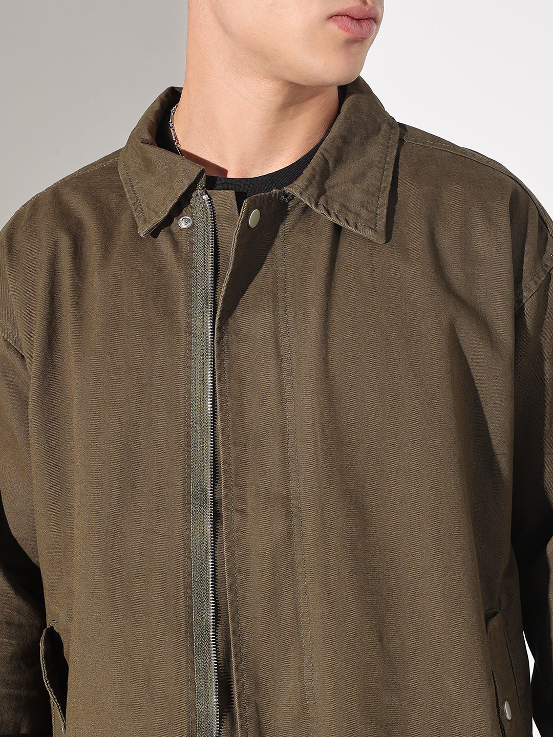 Men's Graphic Print Olive Denim Zip-Up Jacket