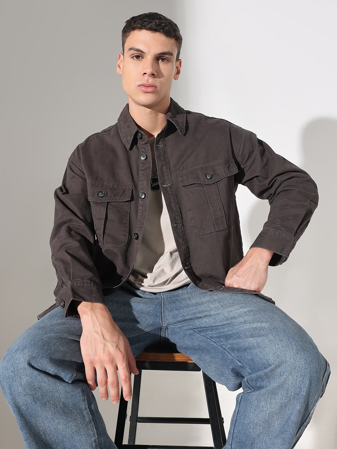 Men's Grey Button Down Shacket