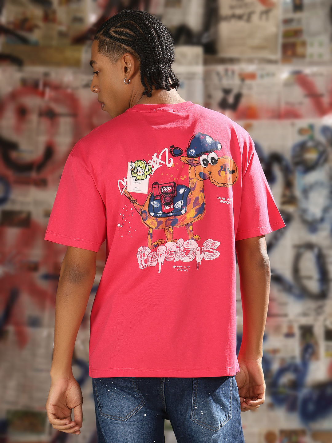 Men Casual Pink Cartoon Graphic T-Shirt