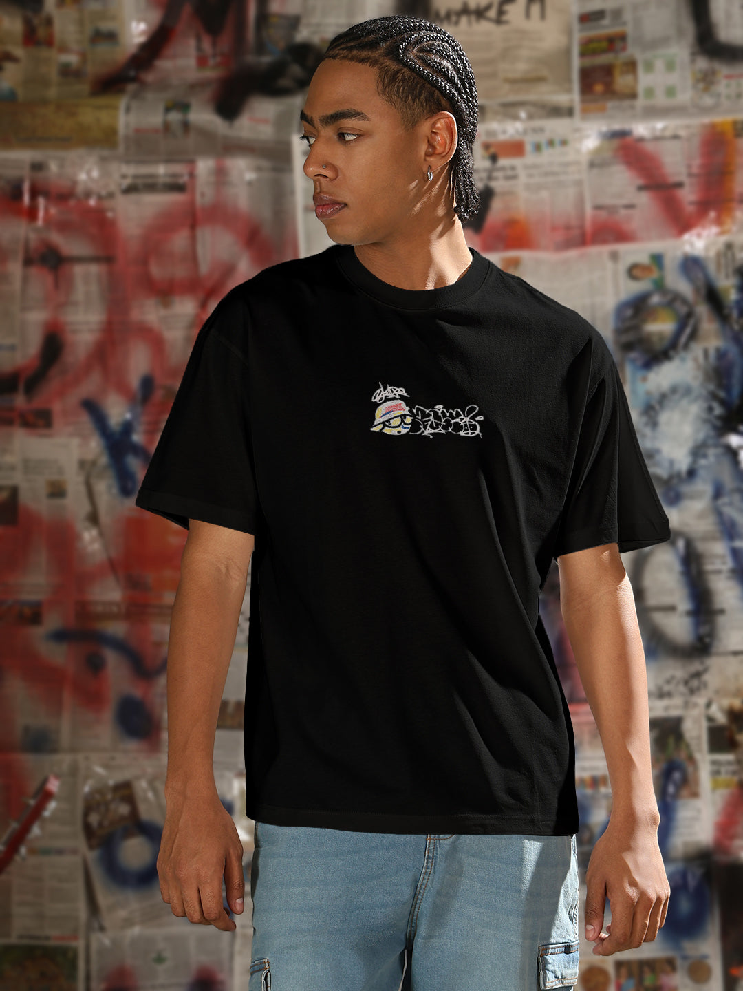 Men's Printed Black Regular Fit T-Shirt