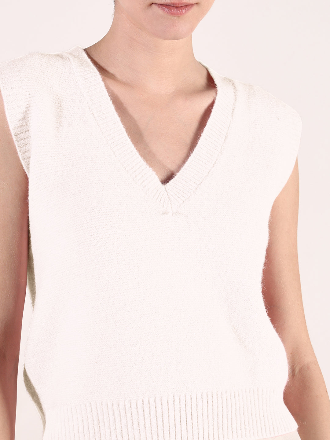 Women Solid Knitted Cream V-Neck Top