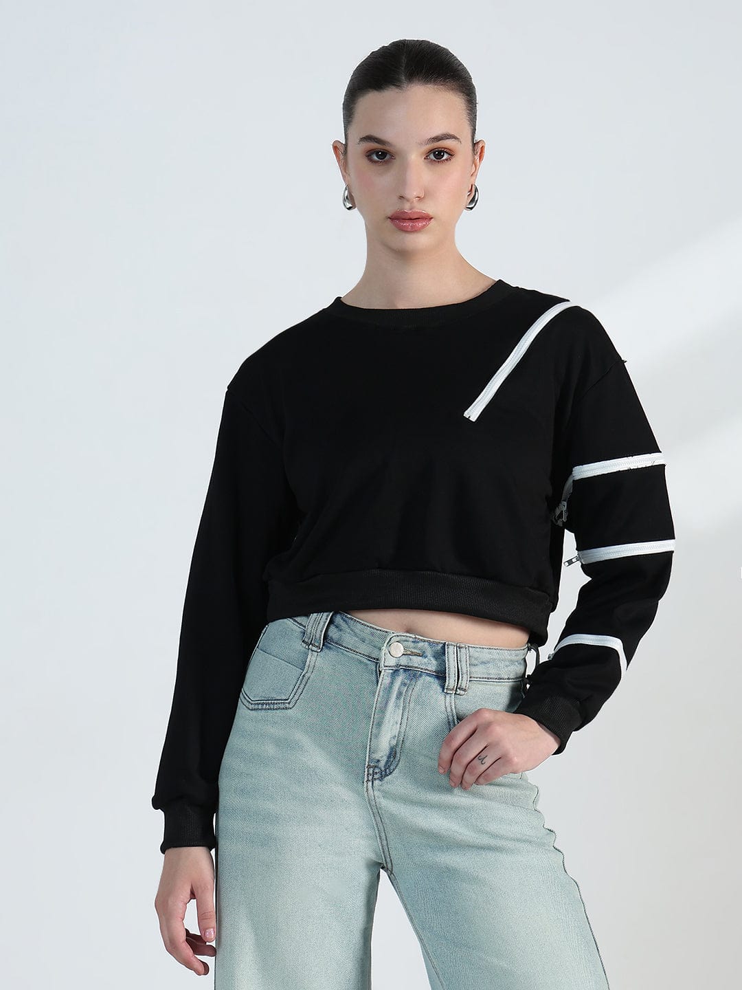 Women's Black Oversized Short Top with White Zipper Detail