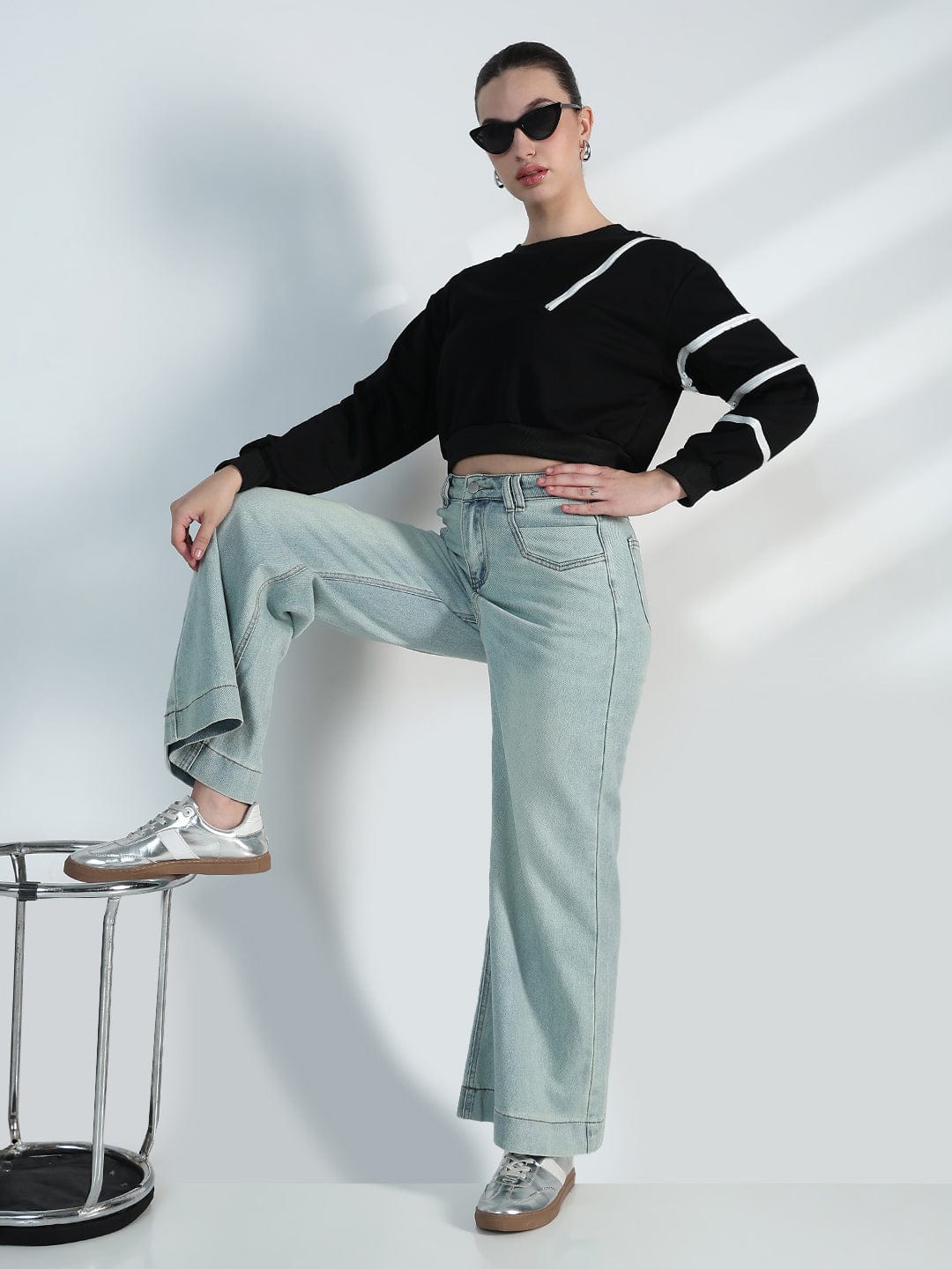 Women's Black Oversized Short Top with White Zipper Detail