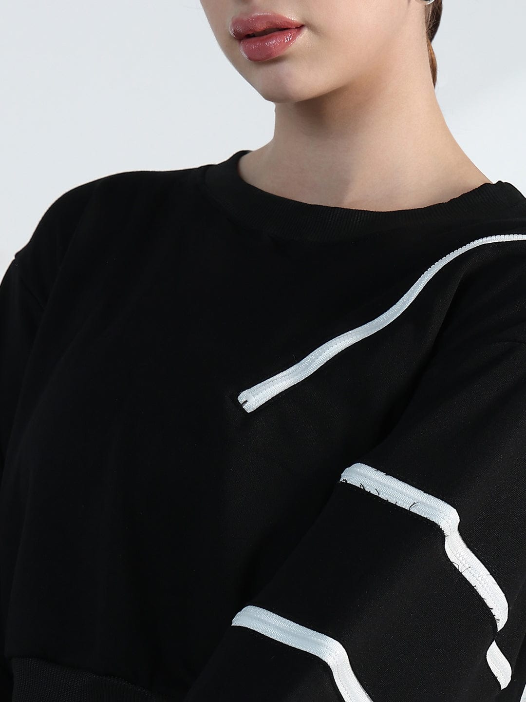 Women's Black Oversized Short Top with White Zipper Detail