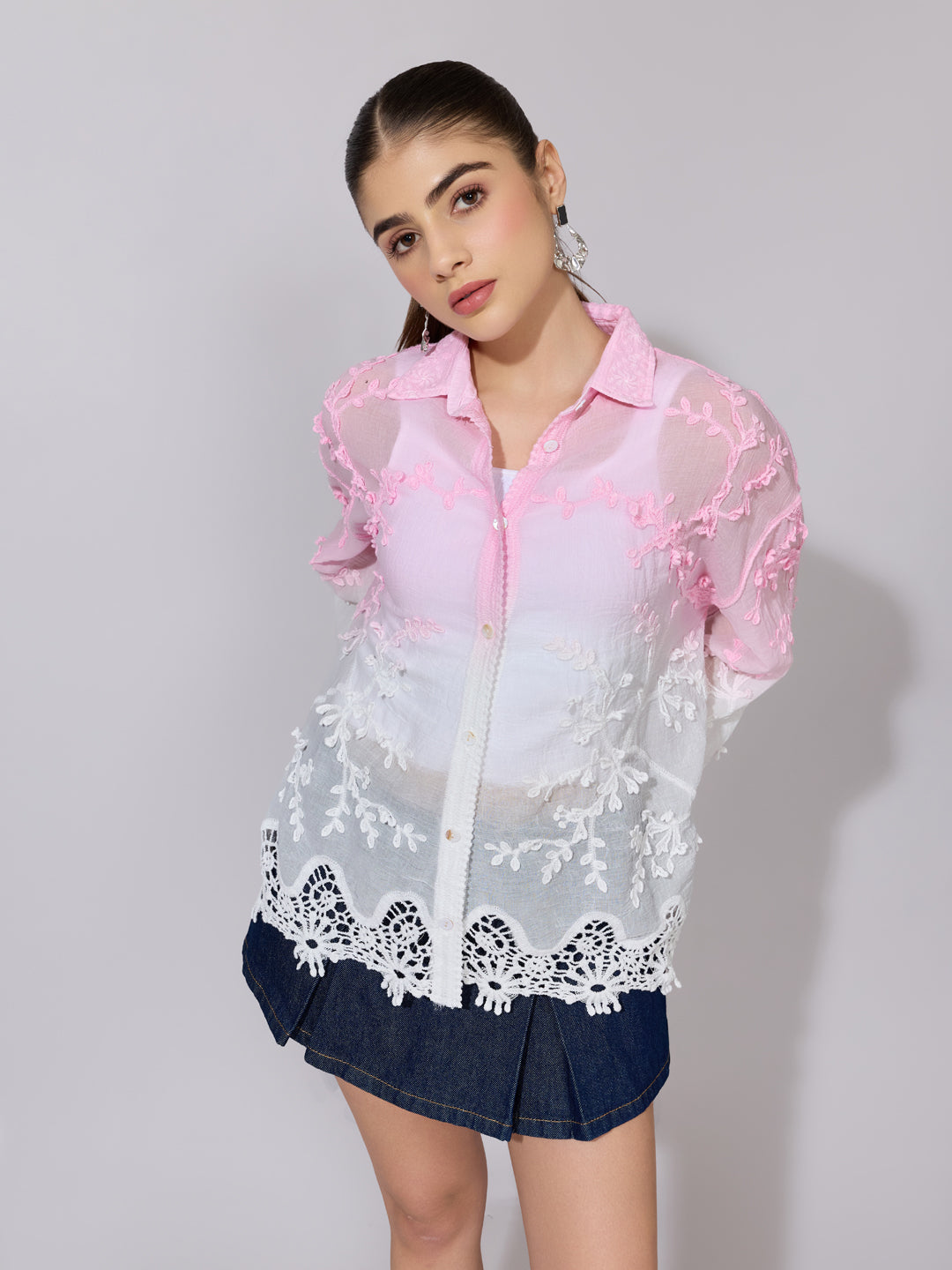 Women's Embroidered Pink Ombre Sheer Shirt with Lace Hem