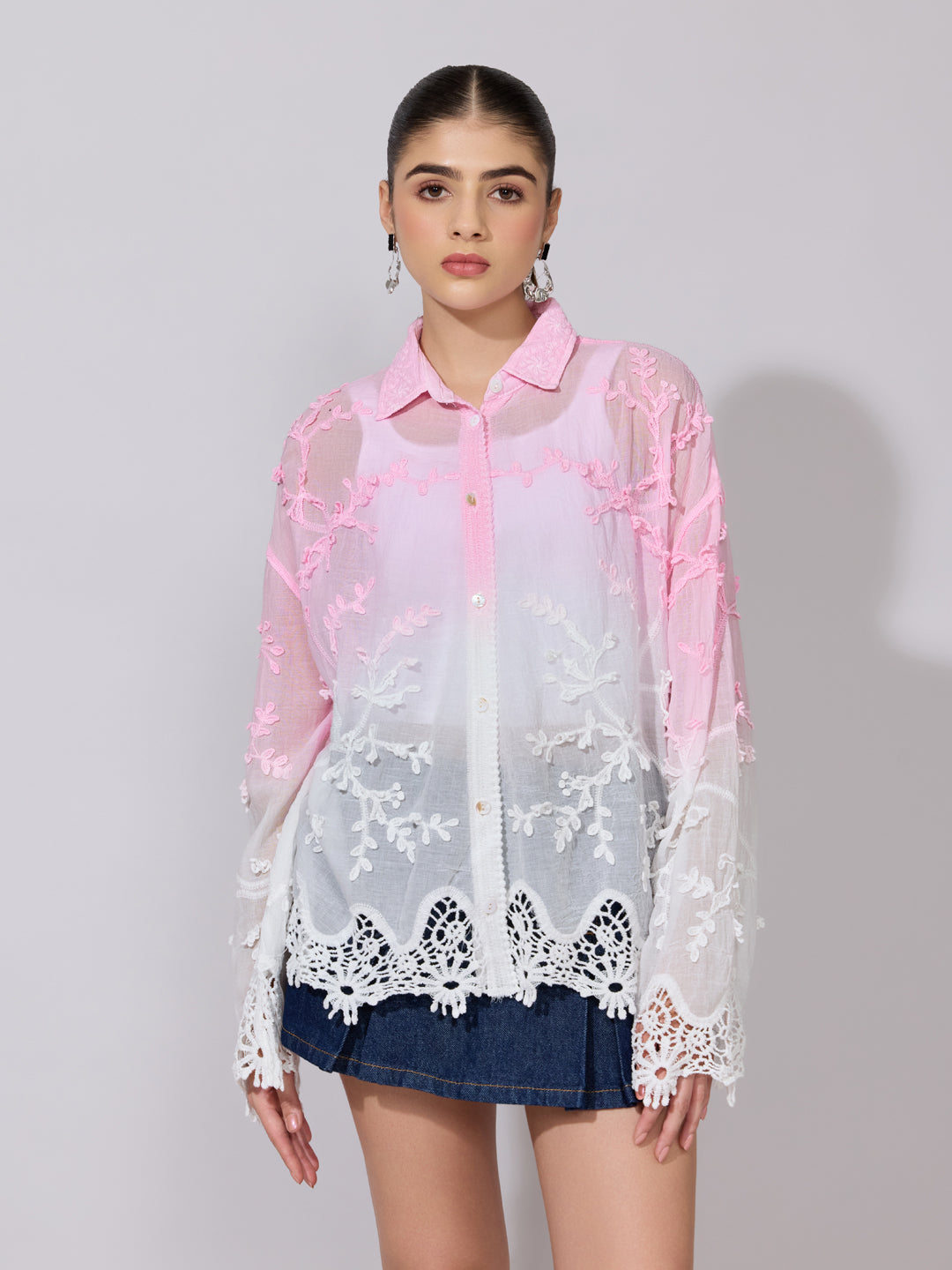 Women's Embroidered Pink Ombre Sheer Shirt with Lace Hem