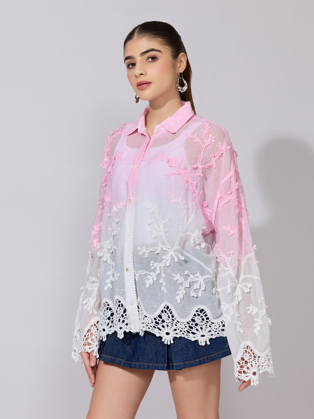 Women's Embroidered Pink Ombre Sheer Shirt with Lace Hem