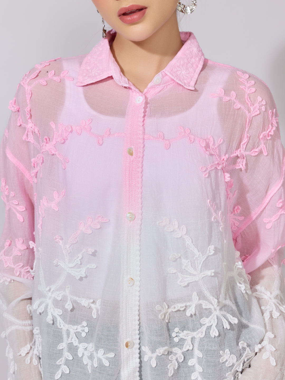 Women's Embroidered Pink Ombre Sheer Shirt with Lace Hem