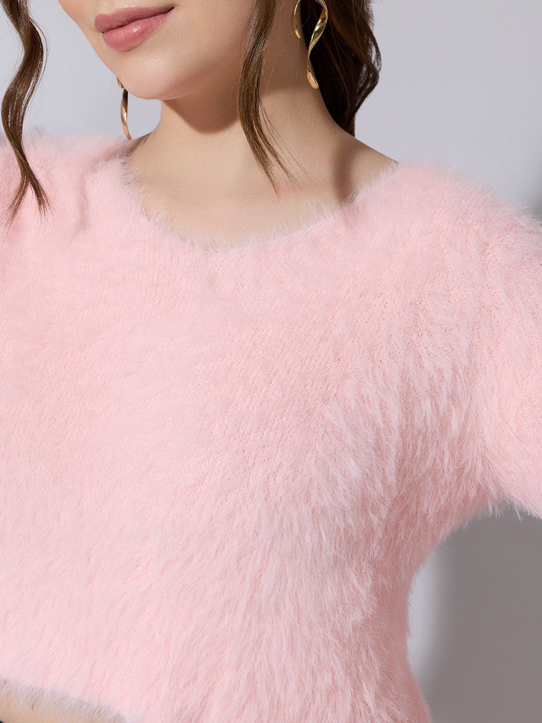 Women's Ribbed Fuzzy  Knitted Pink  Top