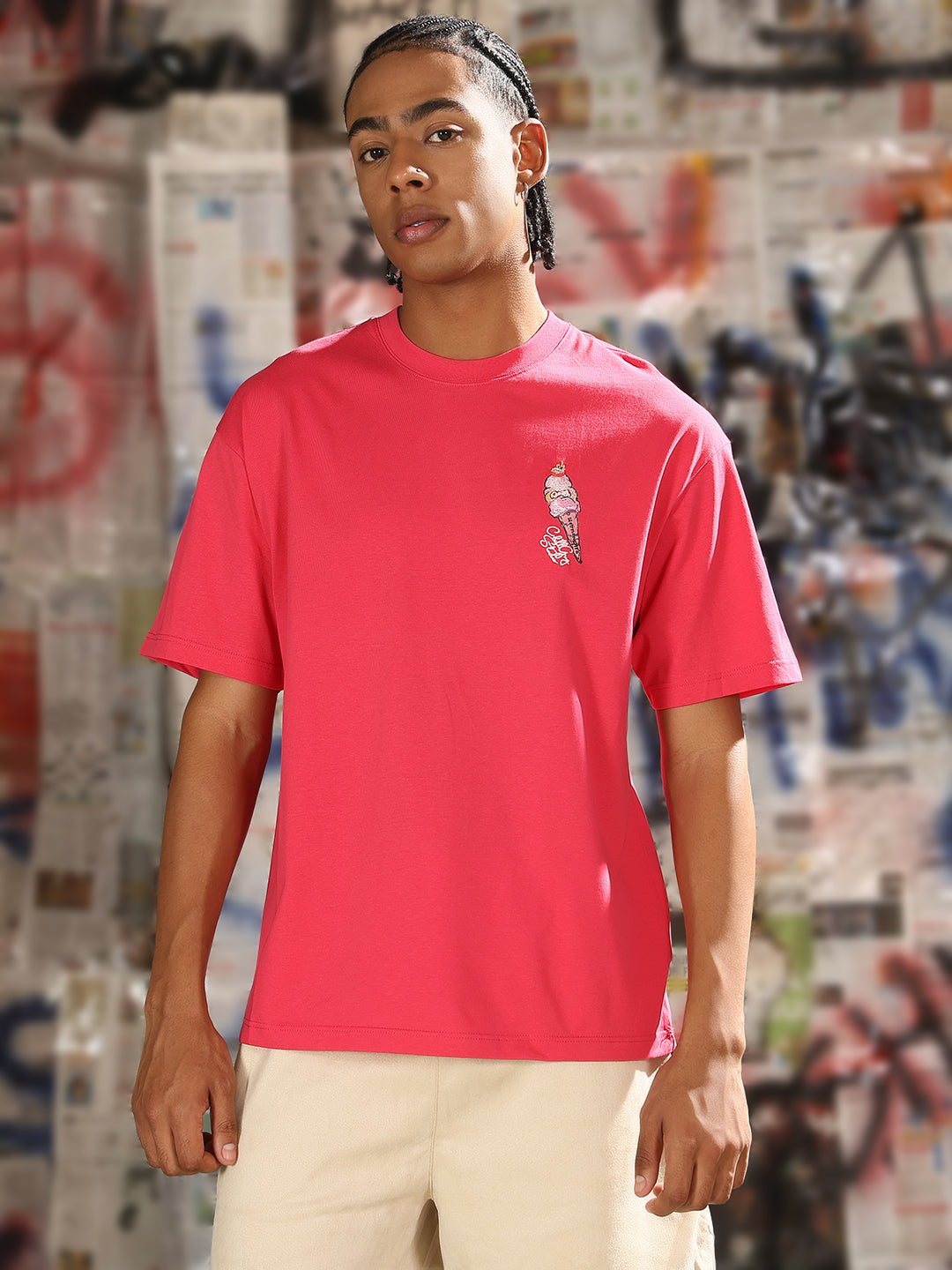 Men Casual Pink Ice Cream Graphic T-Shirt