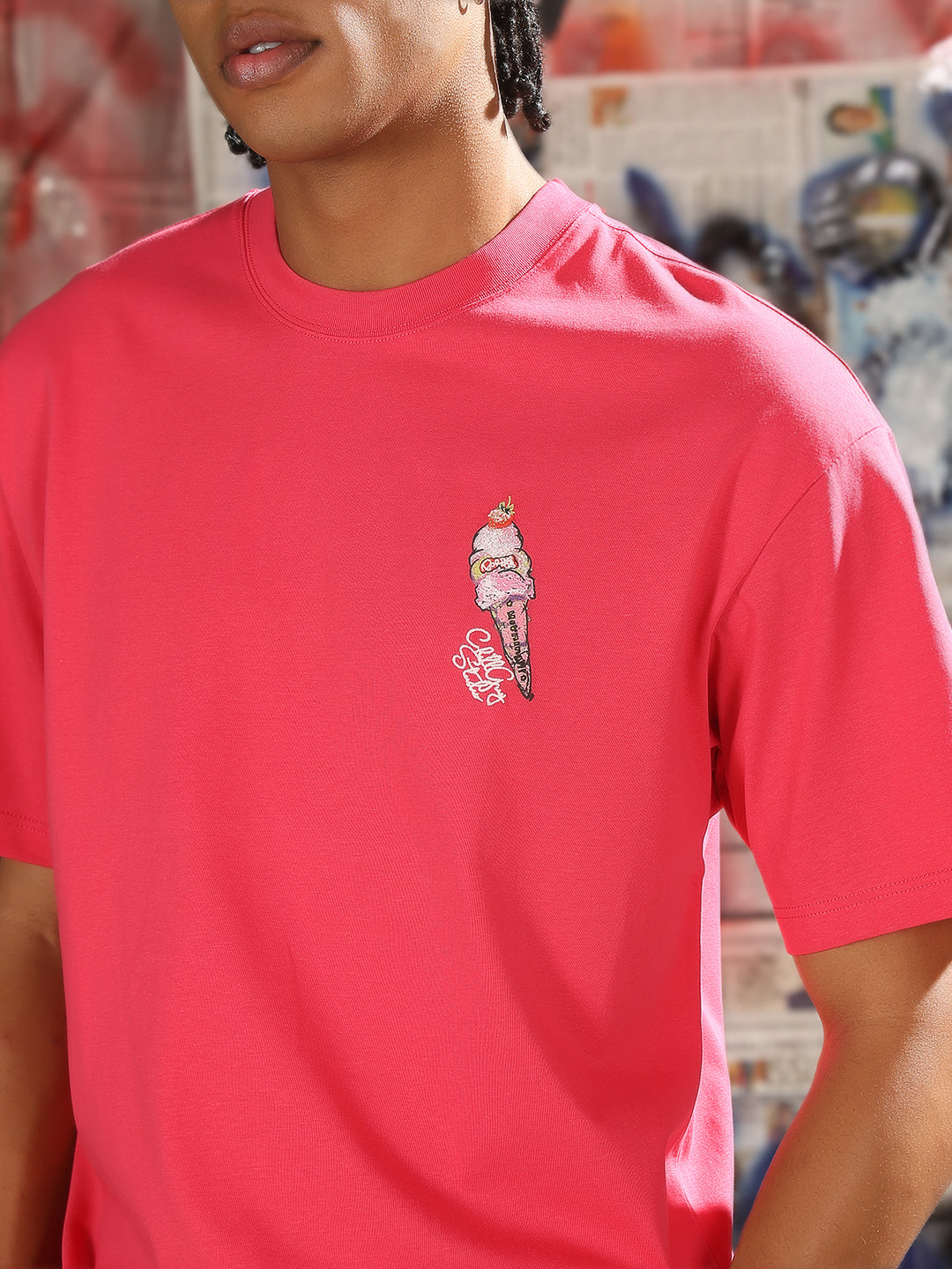 Men Casual Pink Ice Cream Graphic T-Shirt