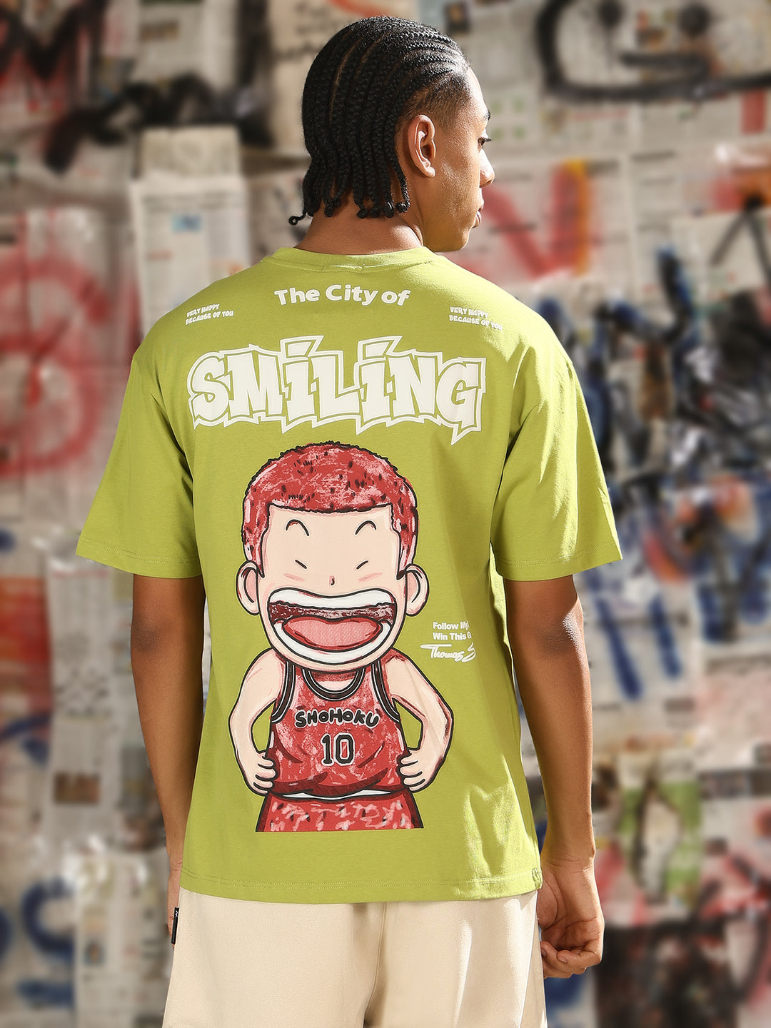 Men Casual Green The City of Smiling Graphic T-Shirt