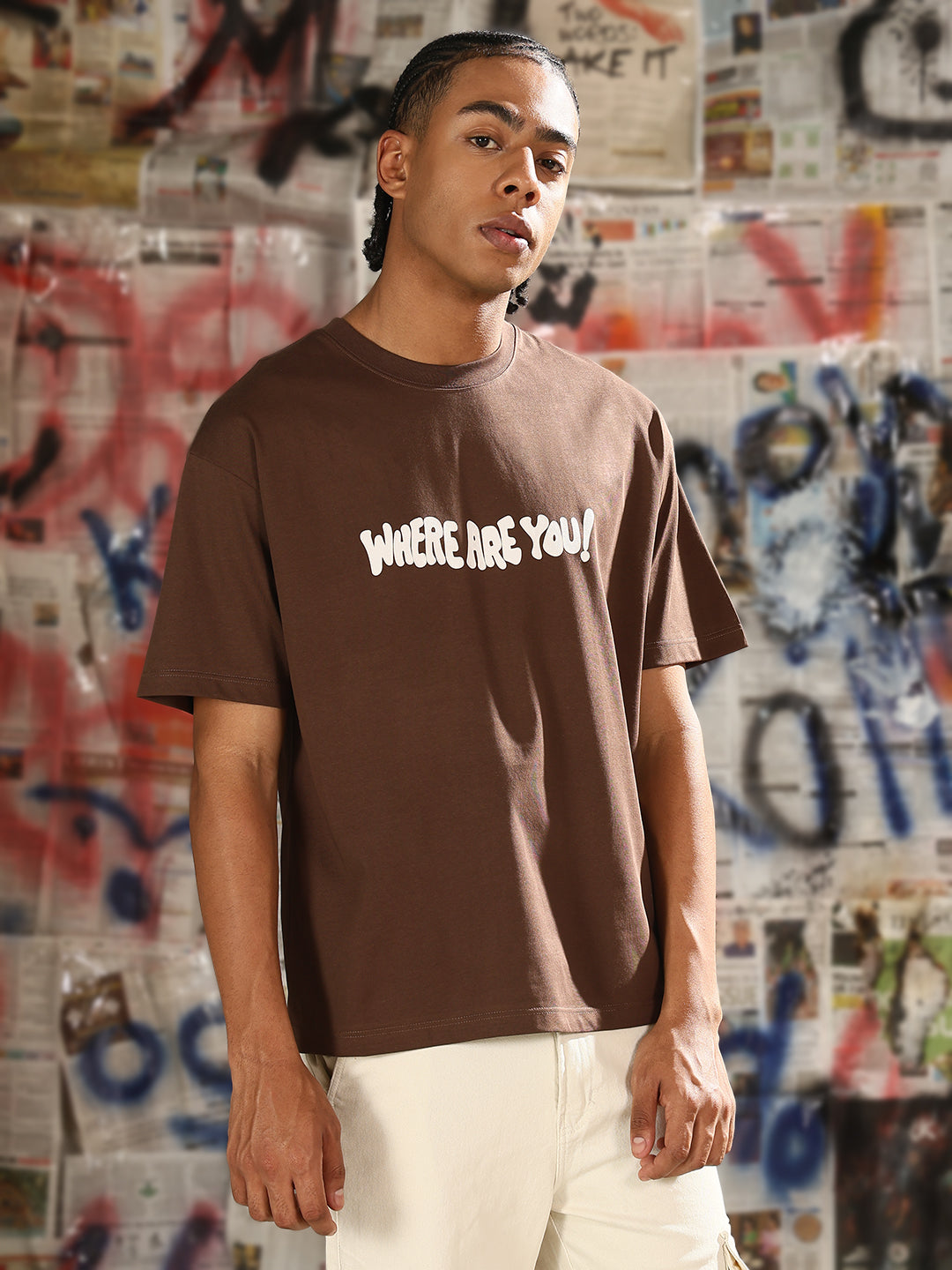 Men Casual Brown Graphic T-Shirt