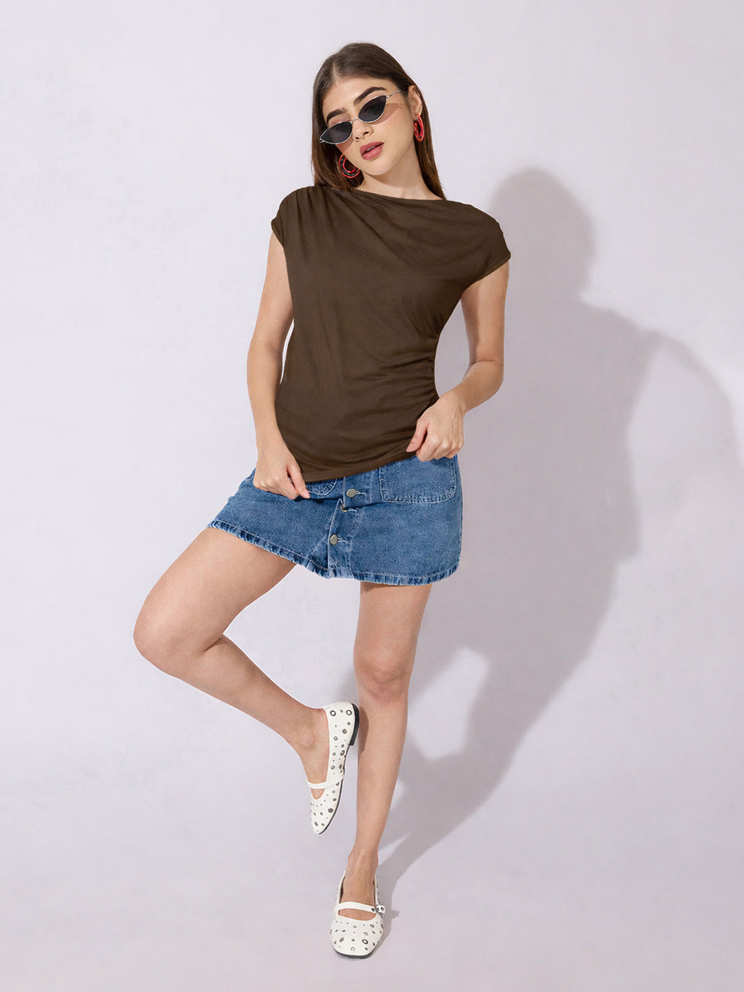 Women's Brown Draped Neck Top