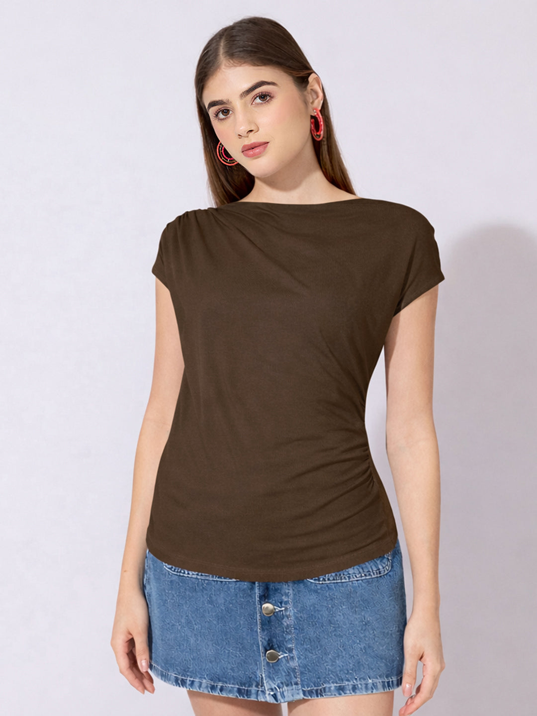 Women's Brown Draped Neck Top