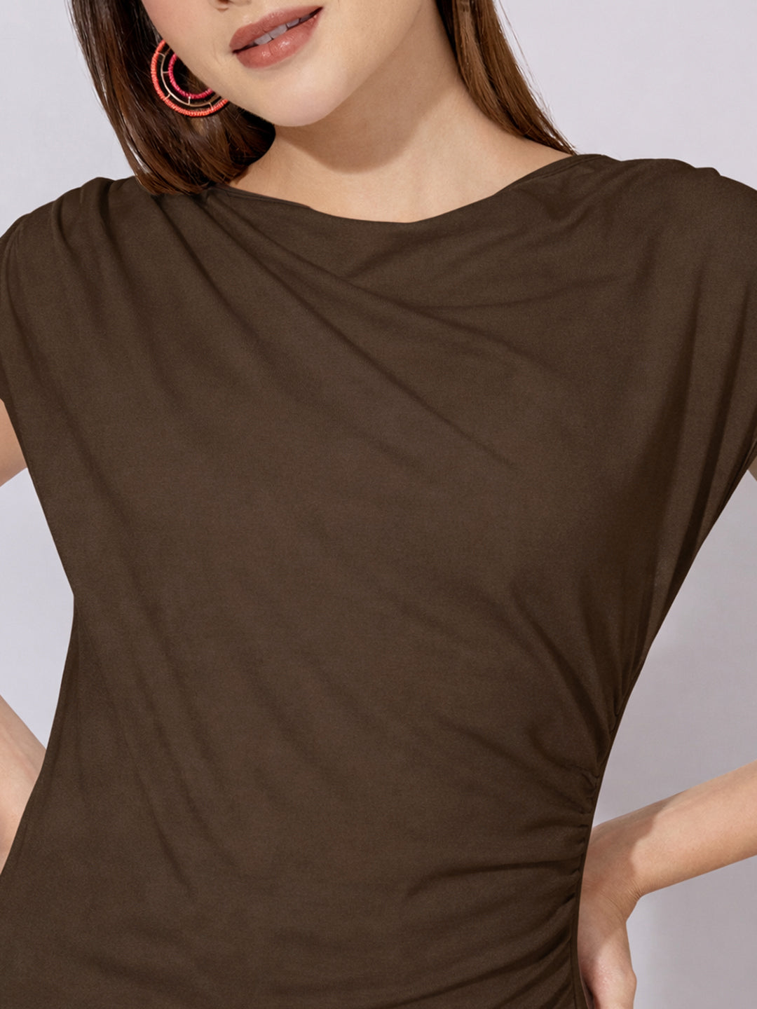 Women's Brown Draped Neck Top