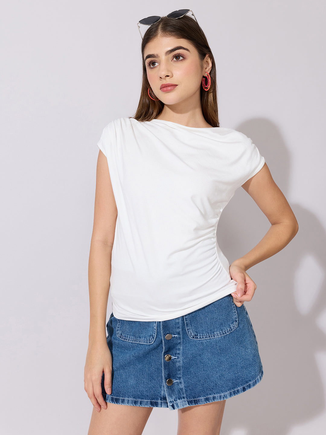 Women's White Draped Neck Top