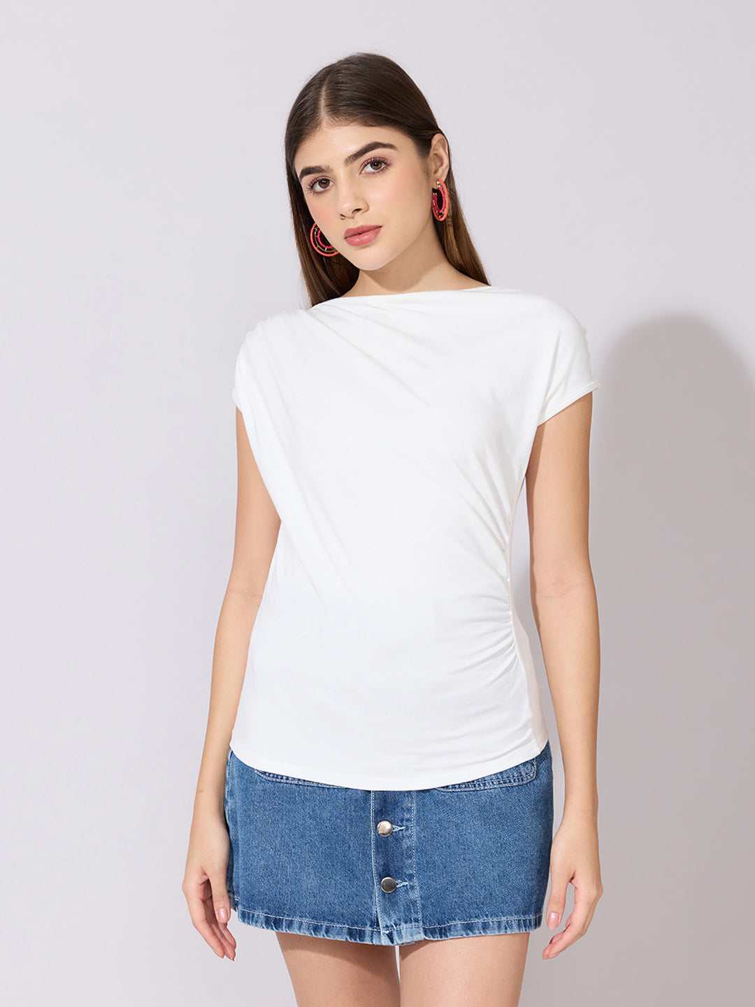 Women's White Draped Neck Top