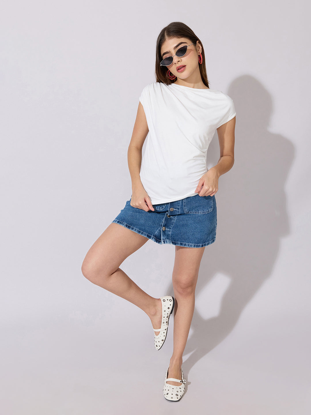 Women's White Draped Neck Top