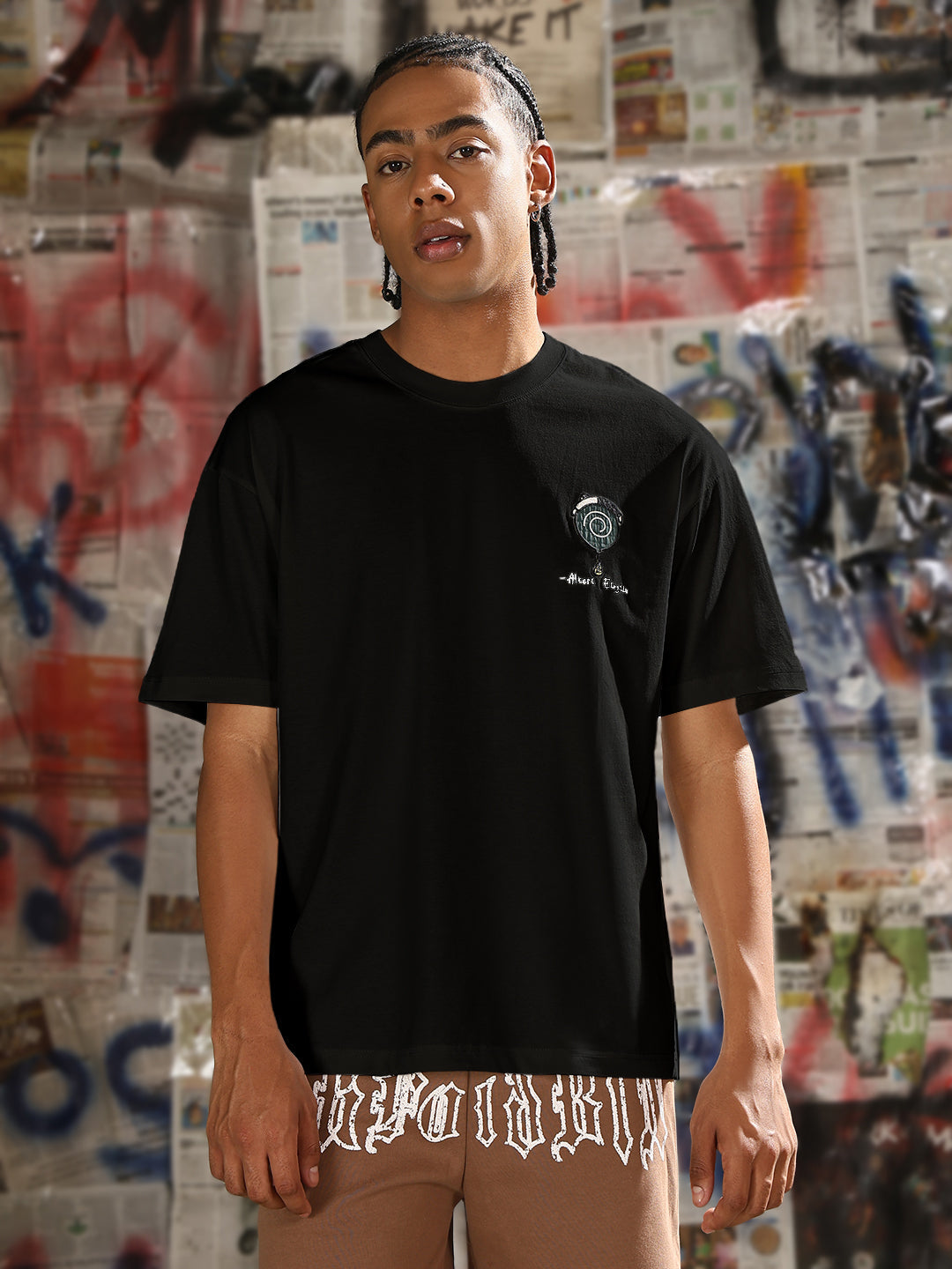 Men's Printed Black Relaxed Fit T-Shirt