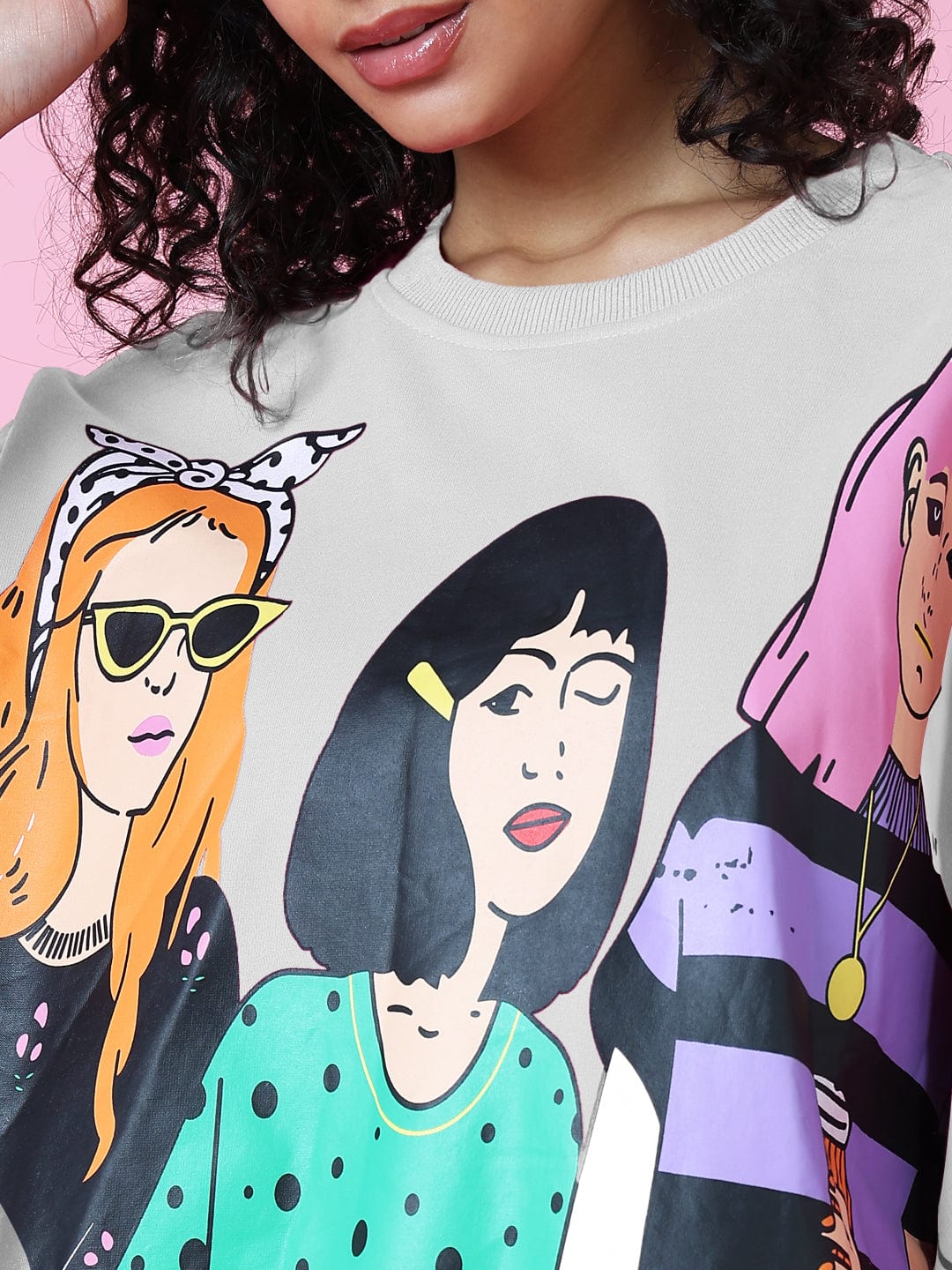 Women's Pop Art Print Pink Oversized Sweatshirt