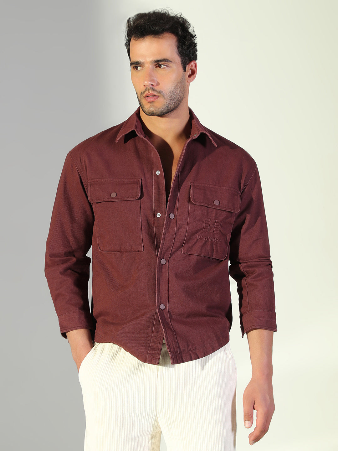 Men Solid Maroon Shacket